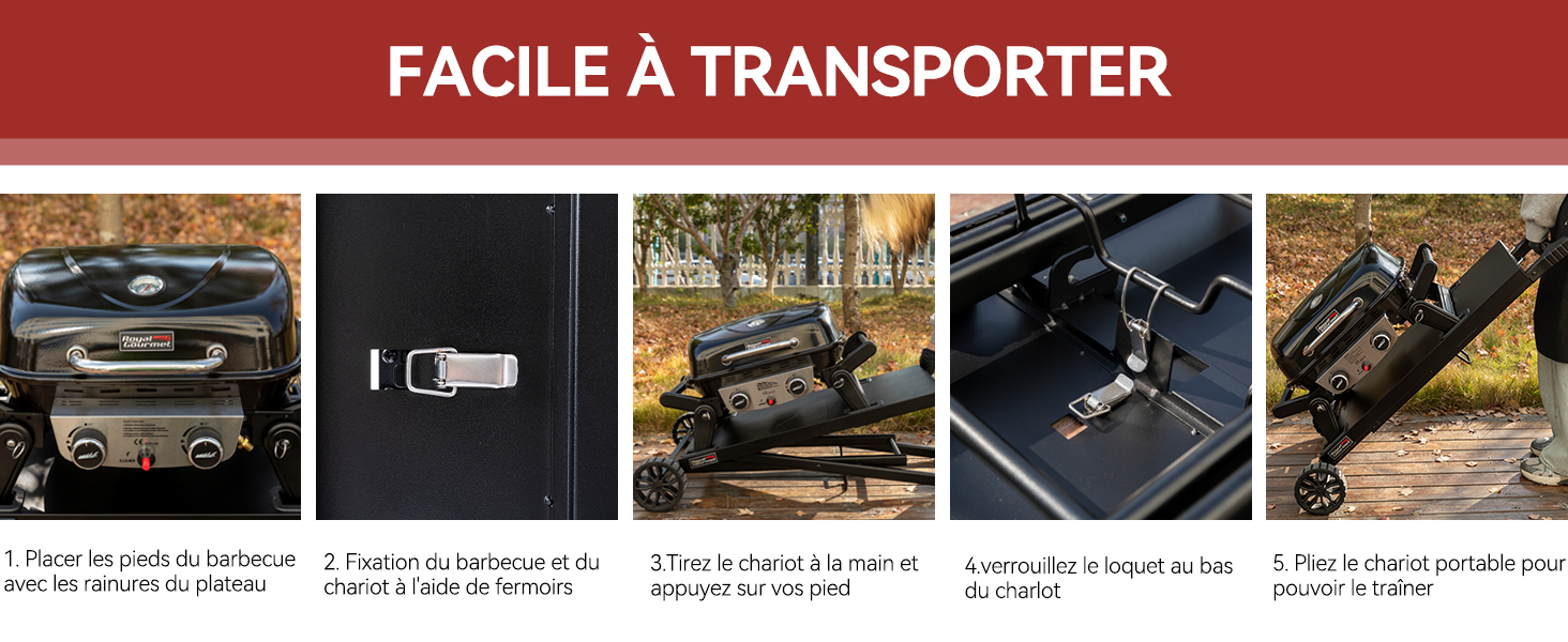 Collage de cinq images présentant un barbecue portable. Les caractéristiques comprennent une poignée de transport, un design pliable compact et des roues pour un transport facile sur différents terrains.
