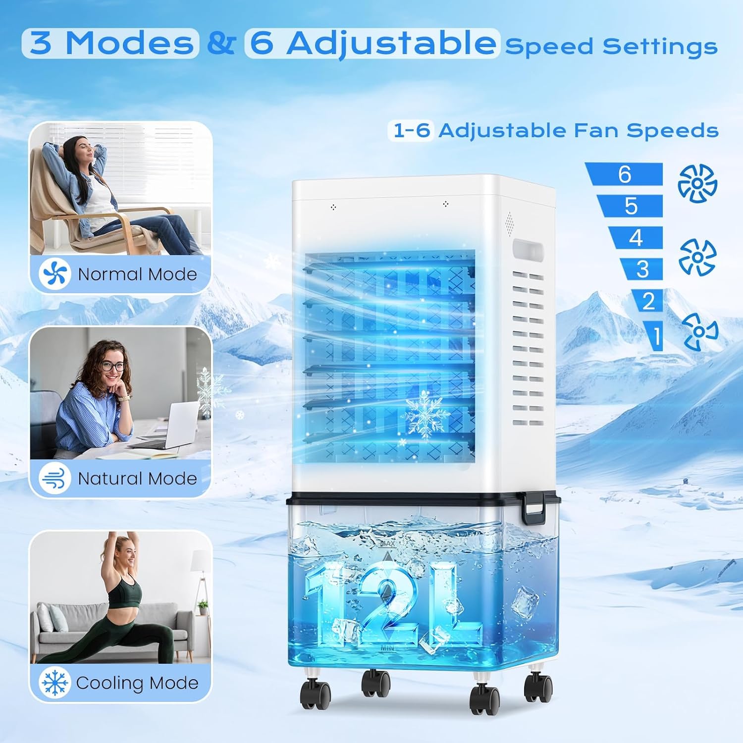 Climatiseur mobile 12L, 45W, 3 modes, minuterie, 6 vitesses, 60°/120°, 4 blocs glace
