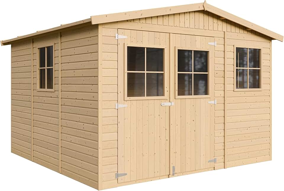 Abri de Jardin en Bois Naturel - Stockage extérieur avec fenêtres- H226x316x324 cm/9 m² Hangar en Bois Naturel - Atelier Rangement Outils et vélos- jardinite M335