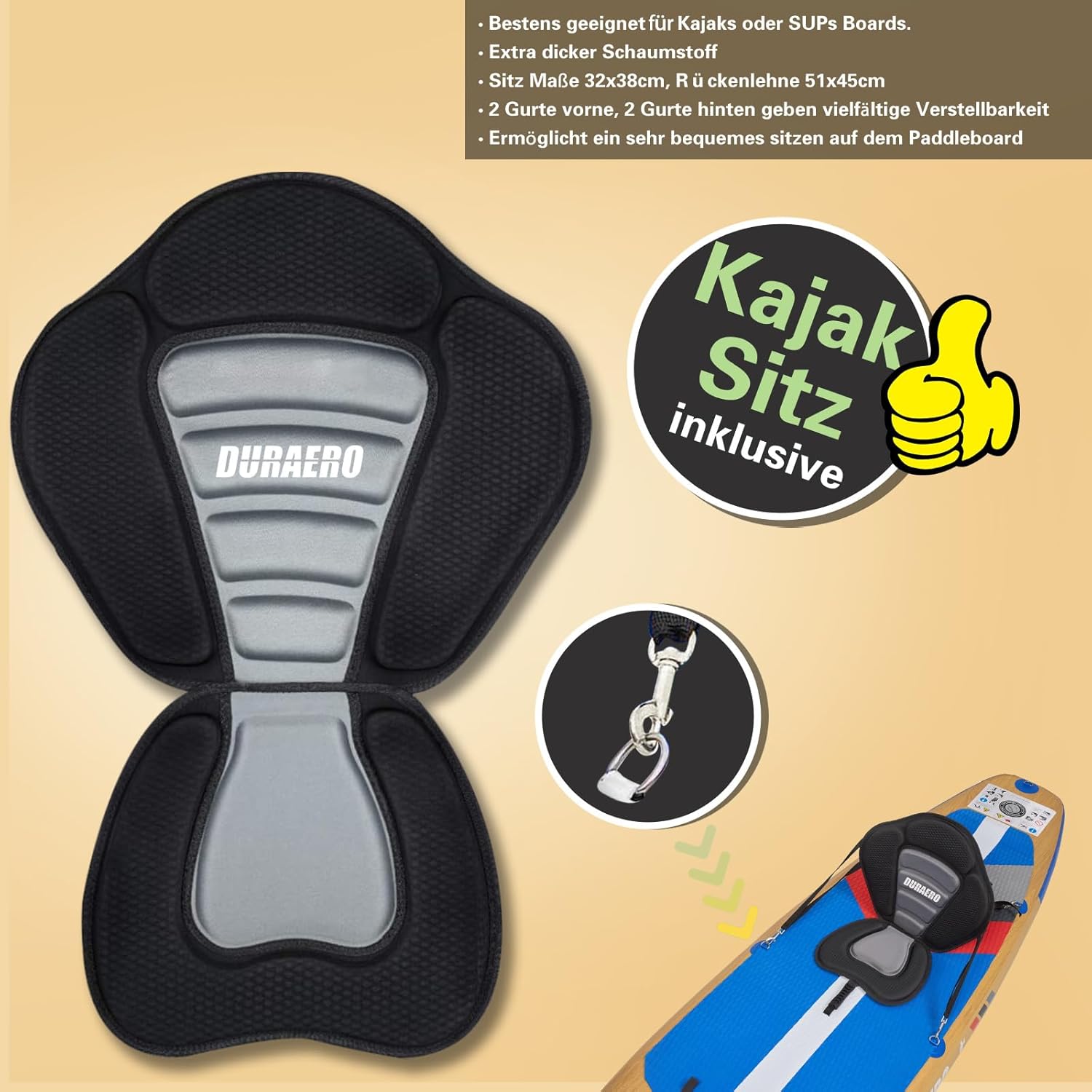 Siège de Kayak Gonflable Stand Up Paddle et Support de caméra, pagaie 2 en 1 330x76x15cm, Pompe jusqu'à 150kg avec Sangle de Pied, Sac à Dos
