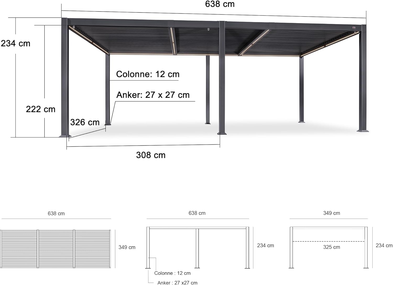 jardinite - pergola bioclimatique - 3,5x6,35m - lames LED alu gris