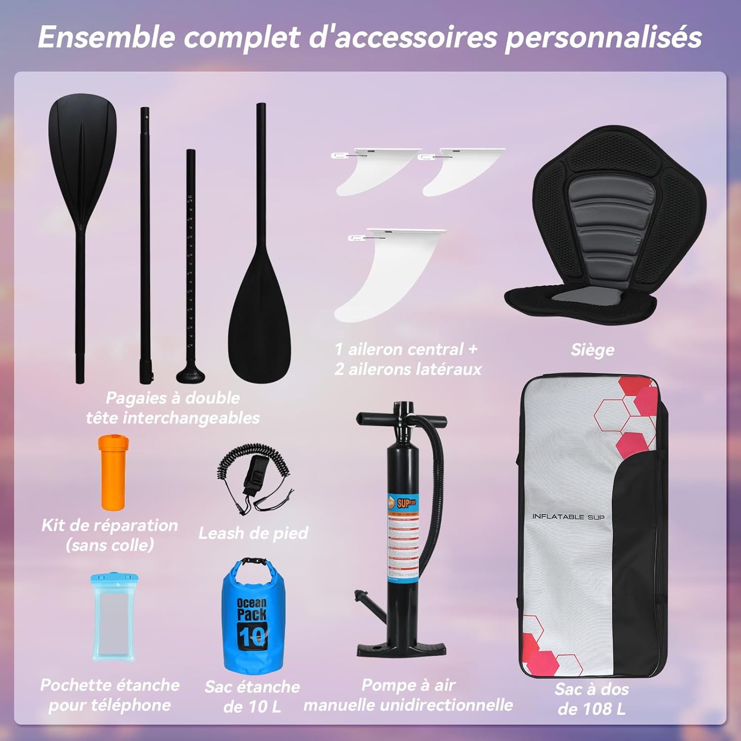 jardinite - Paddle Gonflable Série Adulte - 320/335cm - 2 places, siège kayak, pagaie alu, support caméra, pompe, 150kg