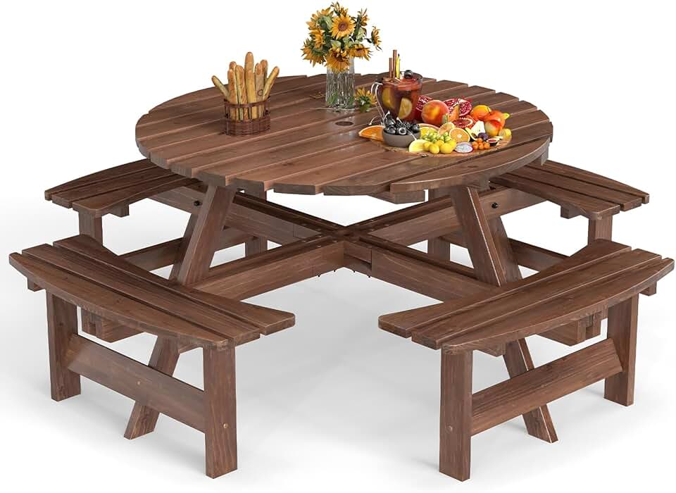 jardinite - Table pique-nique ronde 8 places - 4 bancs intégrés, parasol 5cm, marron, 100+250kg