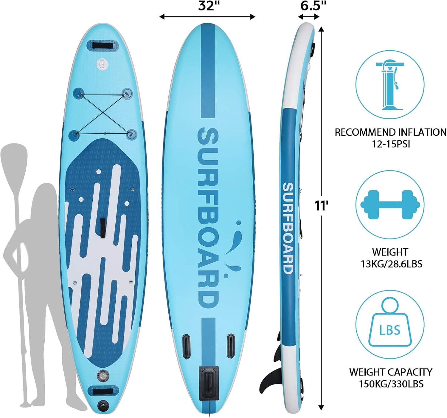 jardinite - Paddle gonflable adulte - 320/335cm - 2 places, siège kayak, pagaie alu, support caméra, jusqu'à 150kg
