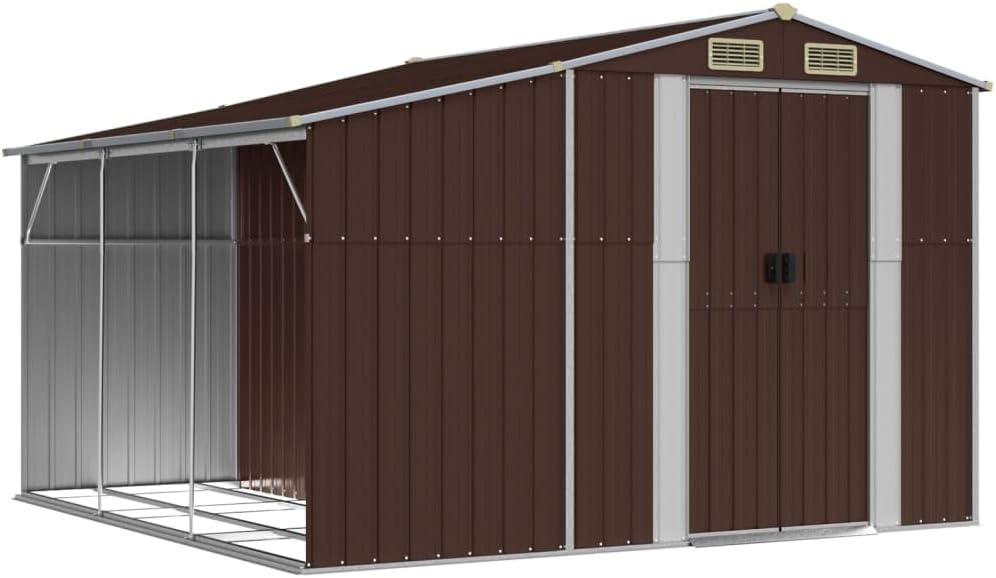 Abri de jardin en acier galvanisé, 277 x 279 x 179 cm, marron, avec espace de rangement généreux et support pour bois de chauffage, métal robuste pour outils de jardin et meubles, poignées de porte