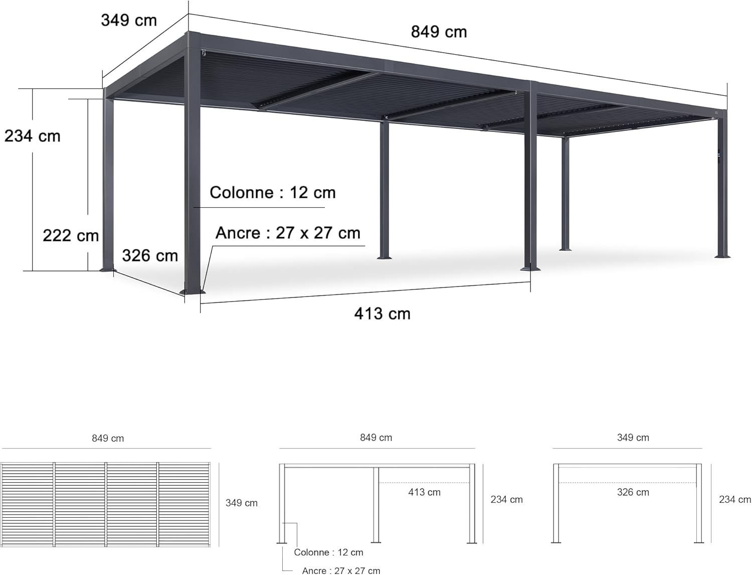 jardinite - Pergola bioclimatique - 3,5x8,5m - aluminium, lames LED, étanche