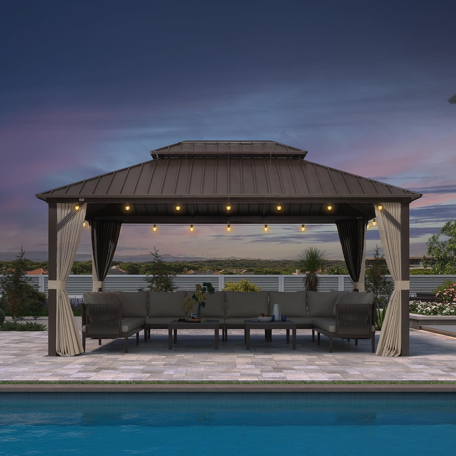 jardinite - Pergola Toit Rigide - 4,85x3,65m - Aluminium, Rideaux, Guirlande