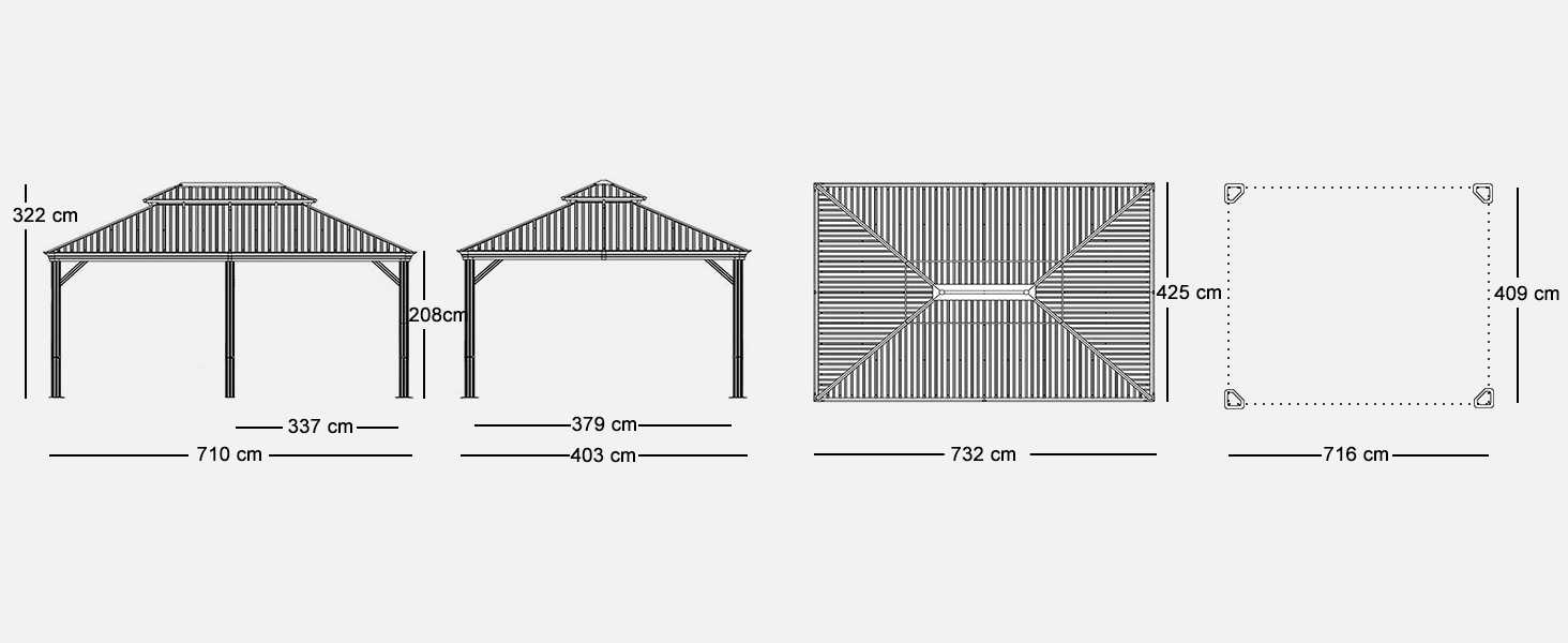 Schéma technique montrant des vues de face et de côté d'une structure de toit en pente. Les dimensions et les mesures sont indiquées sur l'ensemble du schéma.