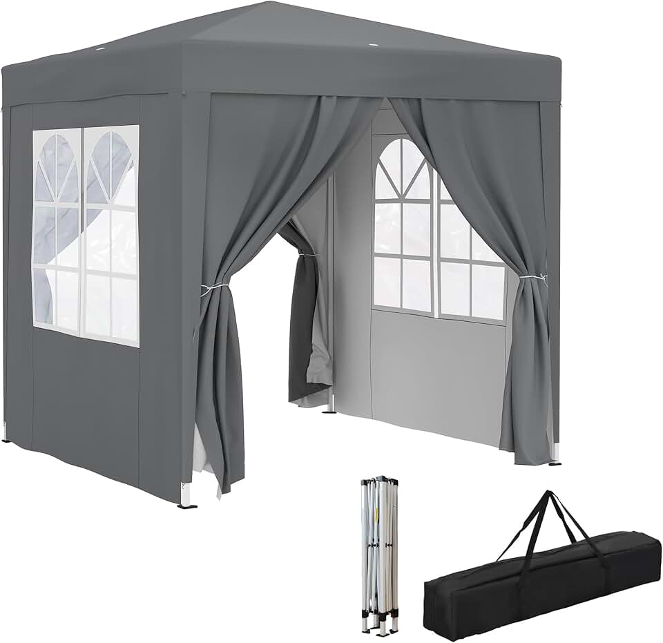 jardinite Tonnelle de Jardin extérieure 2 x 2 m, tonnelle Pliante Pop-up, réglable en Hauteur, Protection UV, Cadre en Acier, 4 côtés Amovibles, pour Camping, Festival, Plage, Sac de Transport, Gris
