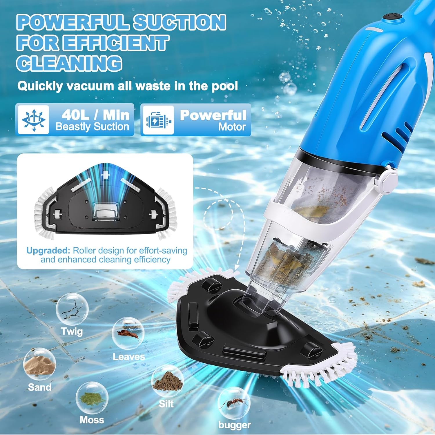 Aspirateur Piscine, Aspirateur Spa Rechargeable avec Aspiration Puissante 40 L/Min, Manche Télescopique de 131 à 199 cm, Capteur Automatique, 2 Têtes de Brosse pour Spas, Jacuzzis et Piscines