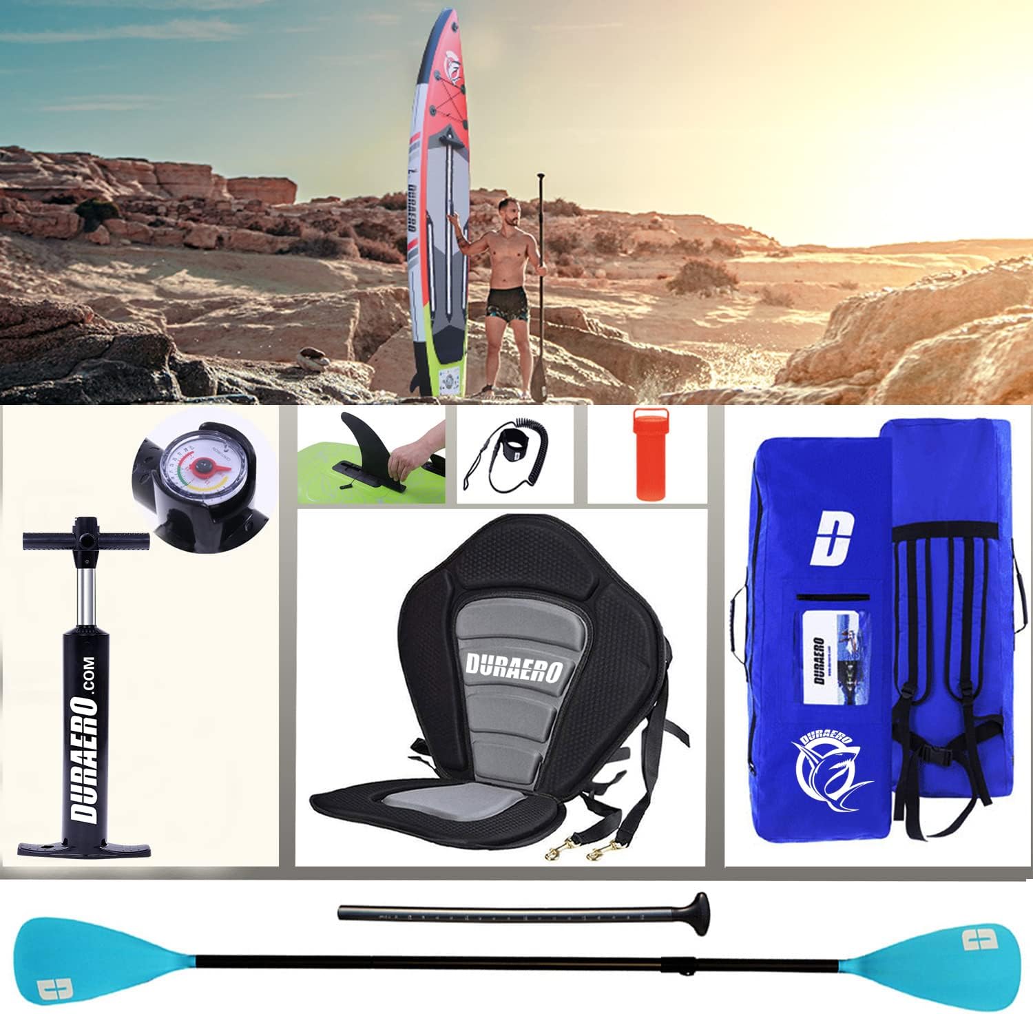 Stand up Paddle Gonflable Planches gonflables, siège Kayak,330 x 76 x 15 cm, jusqu'à 150 kg, Support GO-Pro,Pad intégré, 3 Ailes, Double pagaie réglable, Accessoires complets (Rouge)
