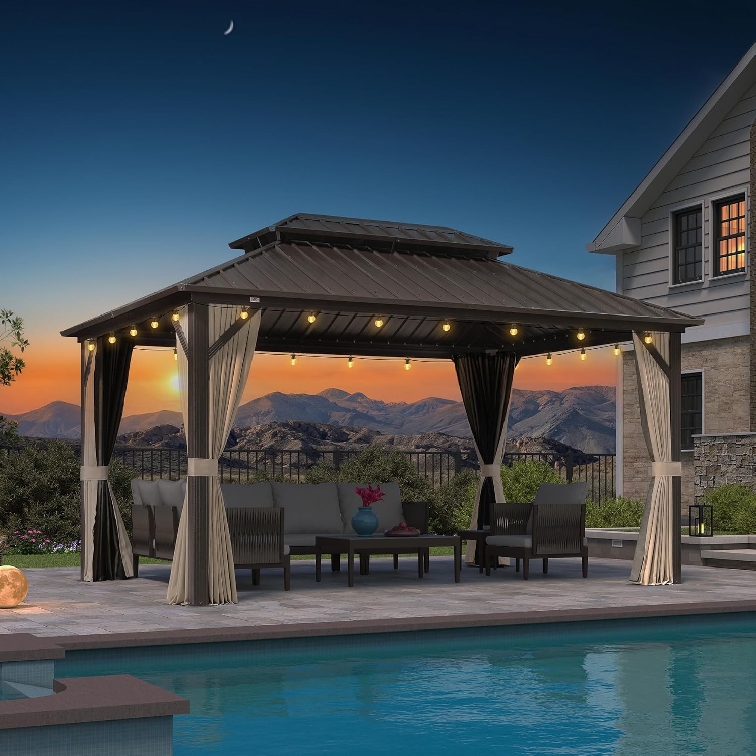 jardinite - Pergola toit rigide - 4,25x3m - acier, aluminium, guirlande