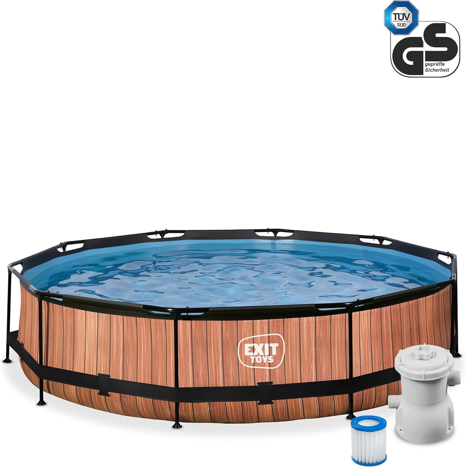 jardinite Piscine Tubulaire Wood - ø360x76cm - Piscine Hors Sol Ronde Grande avec Pompe Filtrante à Cartouche - Entrée Basse - Idéal pour Les Jeunes Enfants - Cadre Stable - Design Unique - Marron