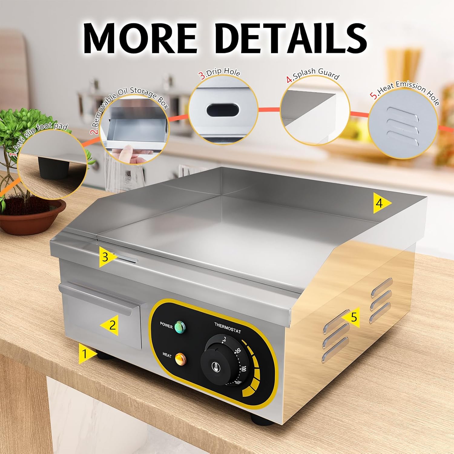 Plancha professionnelle électrique - plaque inox lisse - 36x38x20 cm - protection gril