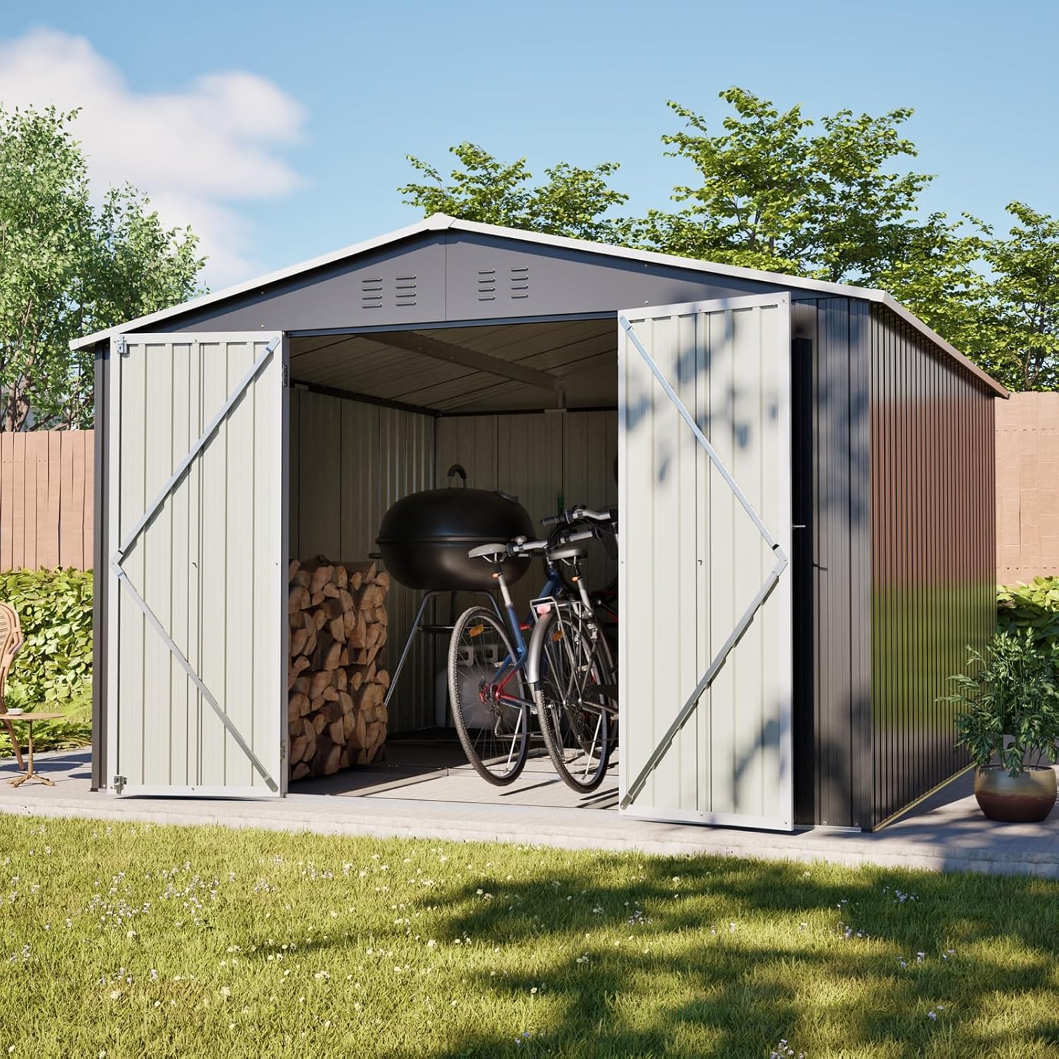 Abri de Jardin en Métal avec Cadre de Plancher, Coffre de Jardin en Acier Robuste, Cabanon de Jardin Extérieur Imperméable avec Portes Verrouillables, Gris (10x10 FT)