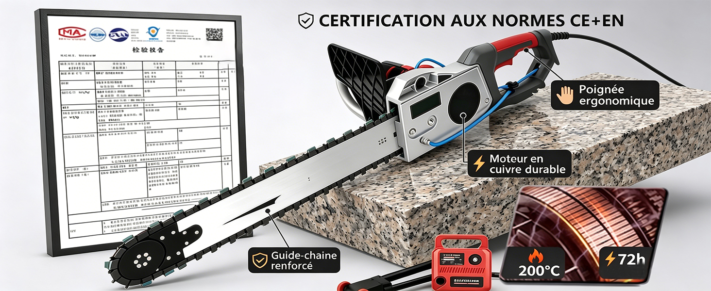 Le texte se lit comme suit : « CERTIFICATION AUX NORMES CE-EN ». Outil en métal avec composants noirs, manuel d'instructions et documentation de certification affichés.