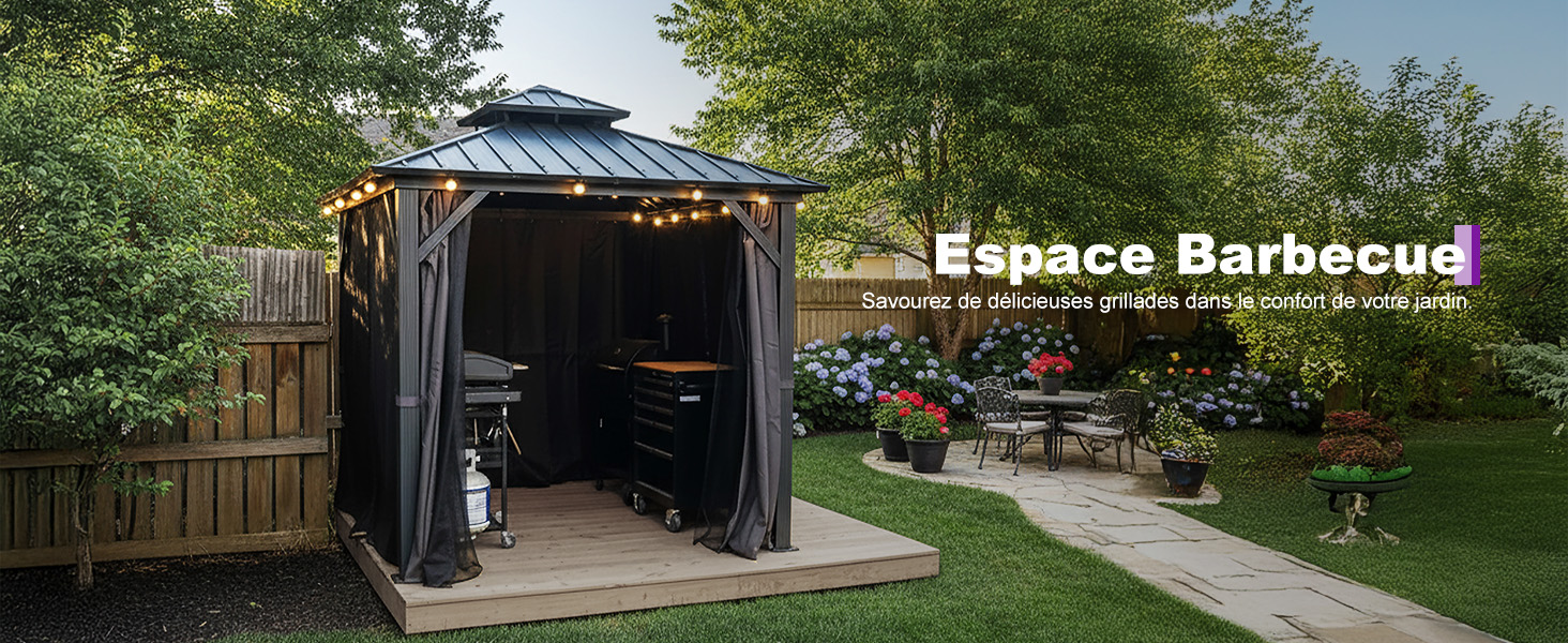 Le texte indique « Espace Barbecue ». Cadre de jardin extérieur montrant un belvédère/une structure d'enceinte de barbecue de couleur foncée avec un design ouvert dans la cour arrière.