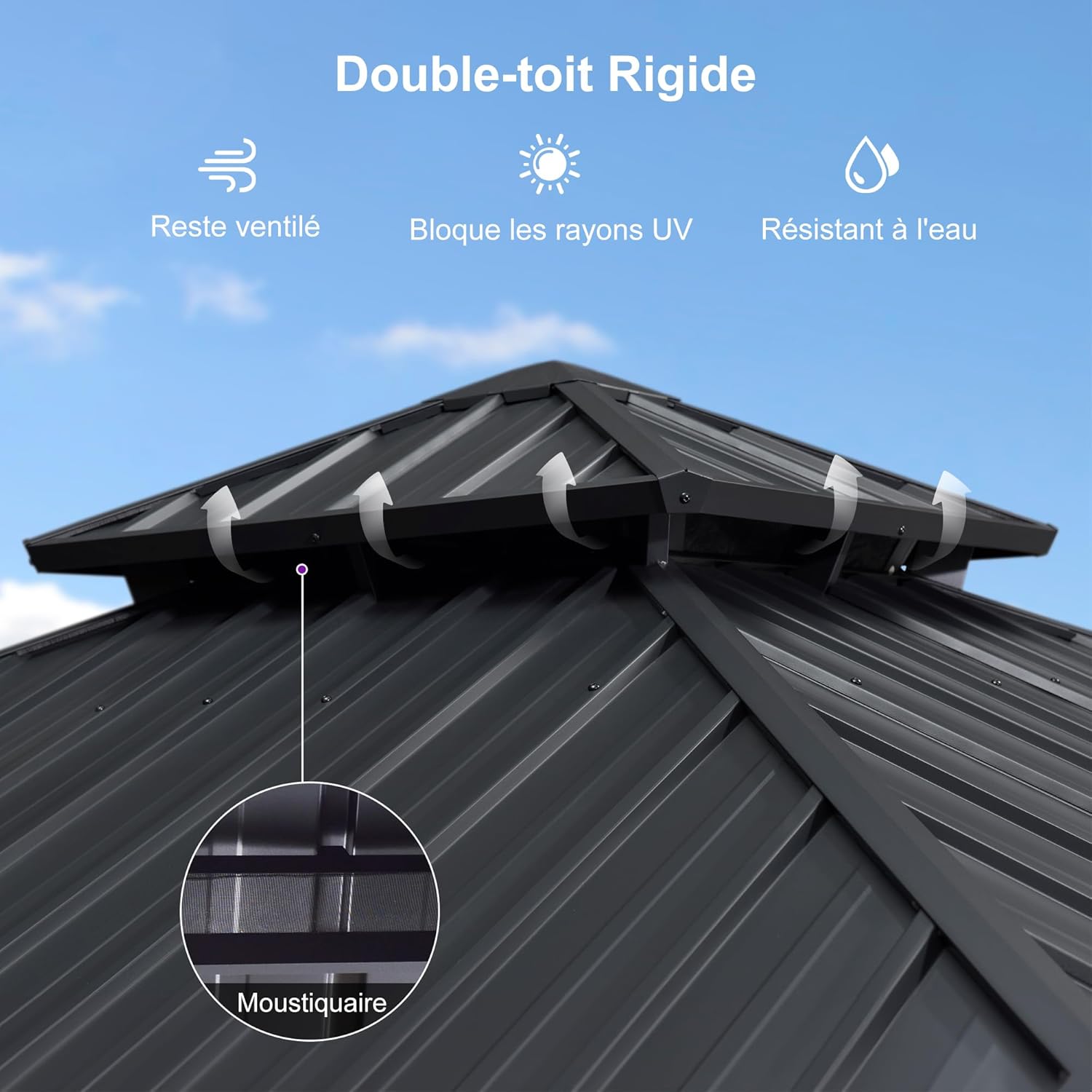 jardinite Tonnelle de Jardin Extérieur 3,65 x 3,65 m avec Guirlande Lumineuse, Pavillon Aluminium à Double Toit en Acier Galvanisé, Pergola Jardin Extérieur avec Rideaux pour Fête, Barbecue, Gris