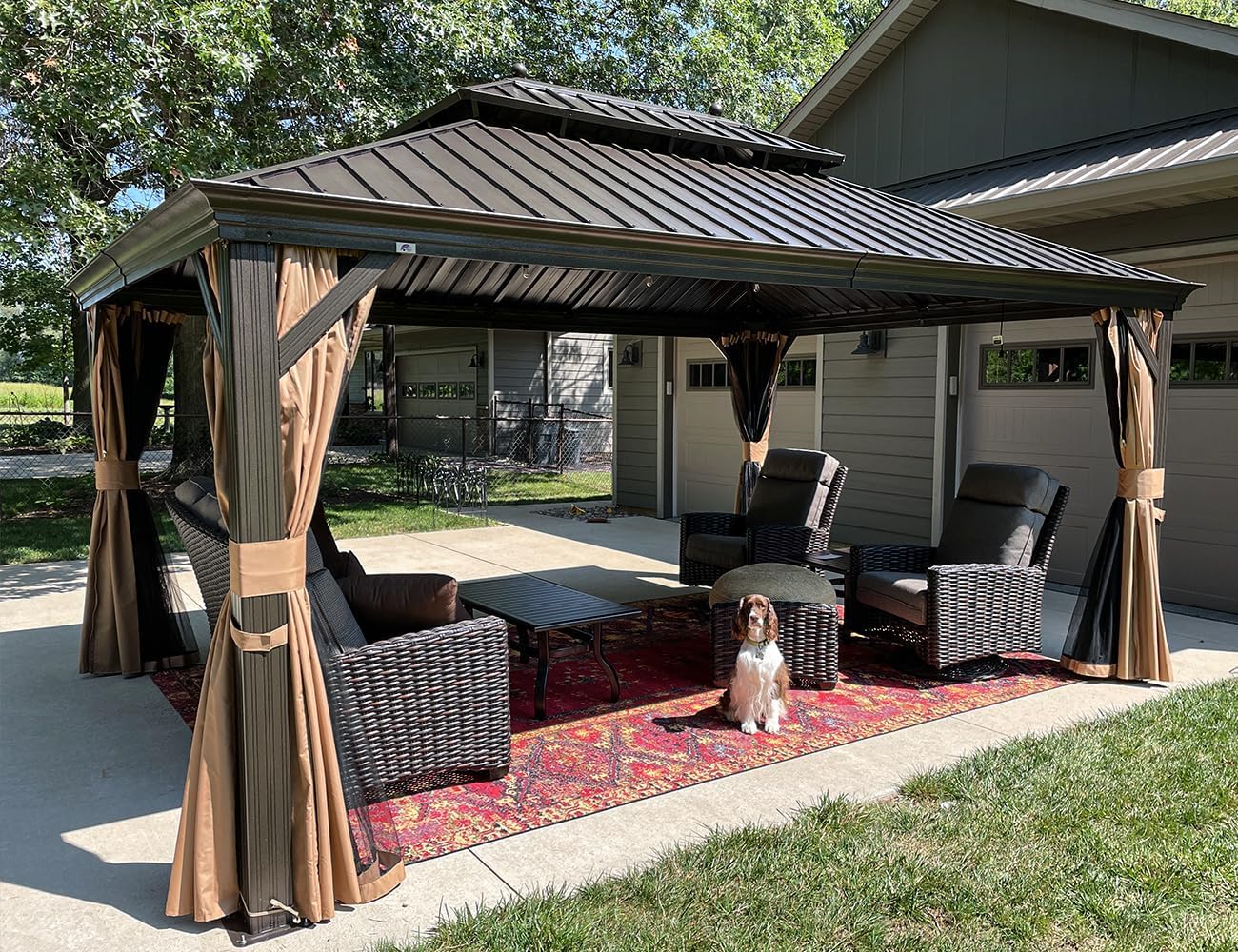 jardinite - Tonnelle aluminium série éclairée - 4,85x3,65 m - gouttière, rideaux moustiquaires, poteaux renforcés, bro