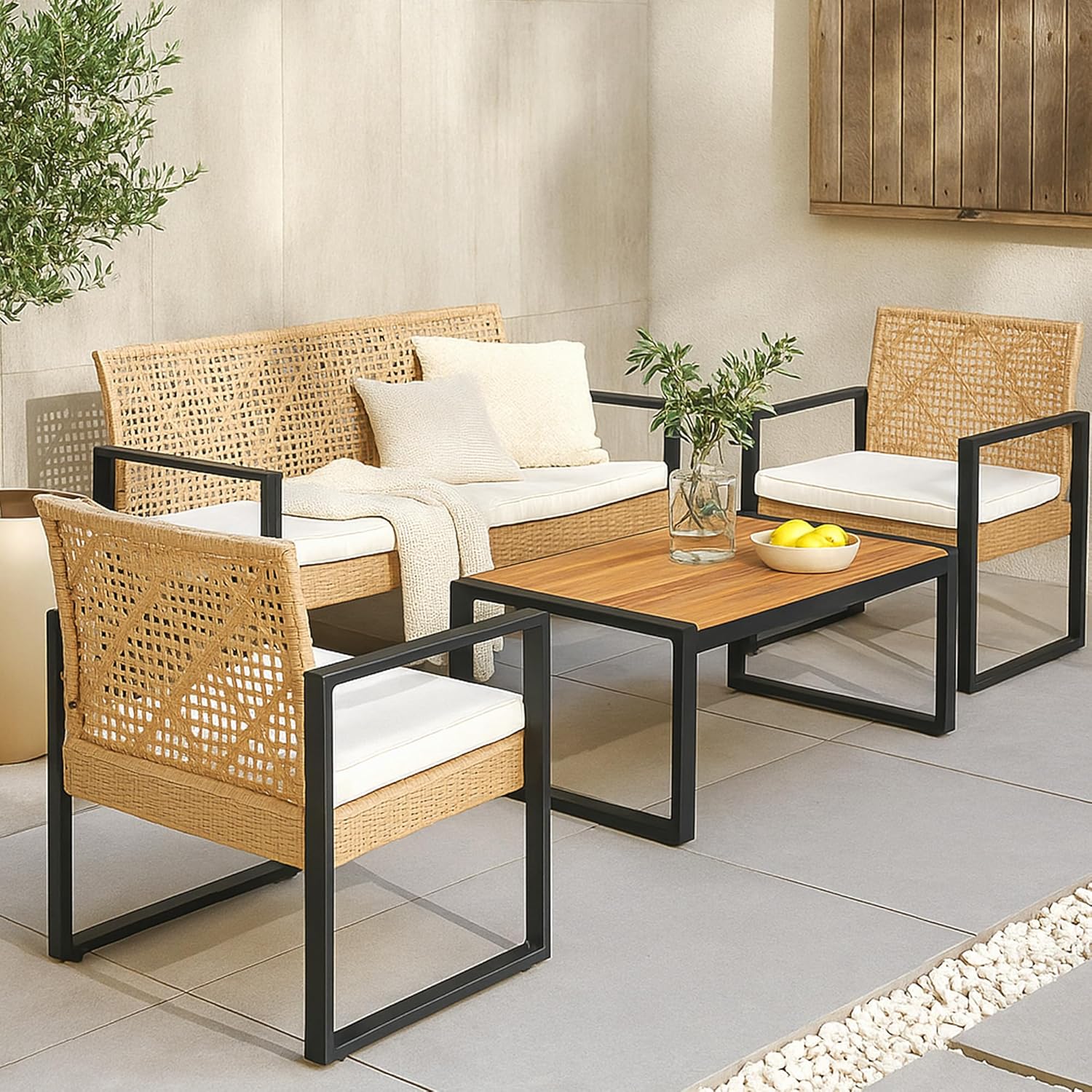 jardinite - Salon de jardin 4 pièces, acier/acacia, 2 chaises + banc, beige/naturel