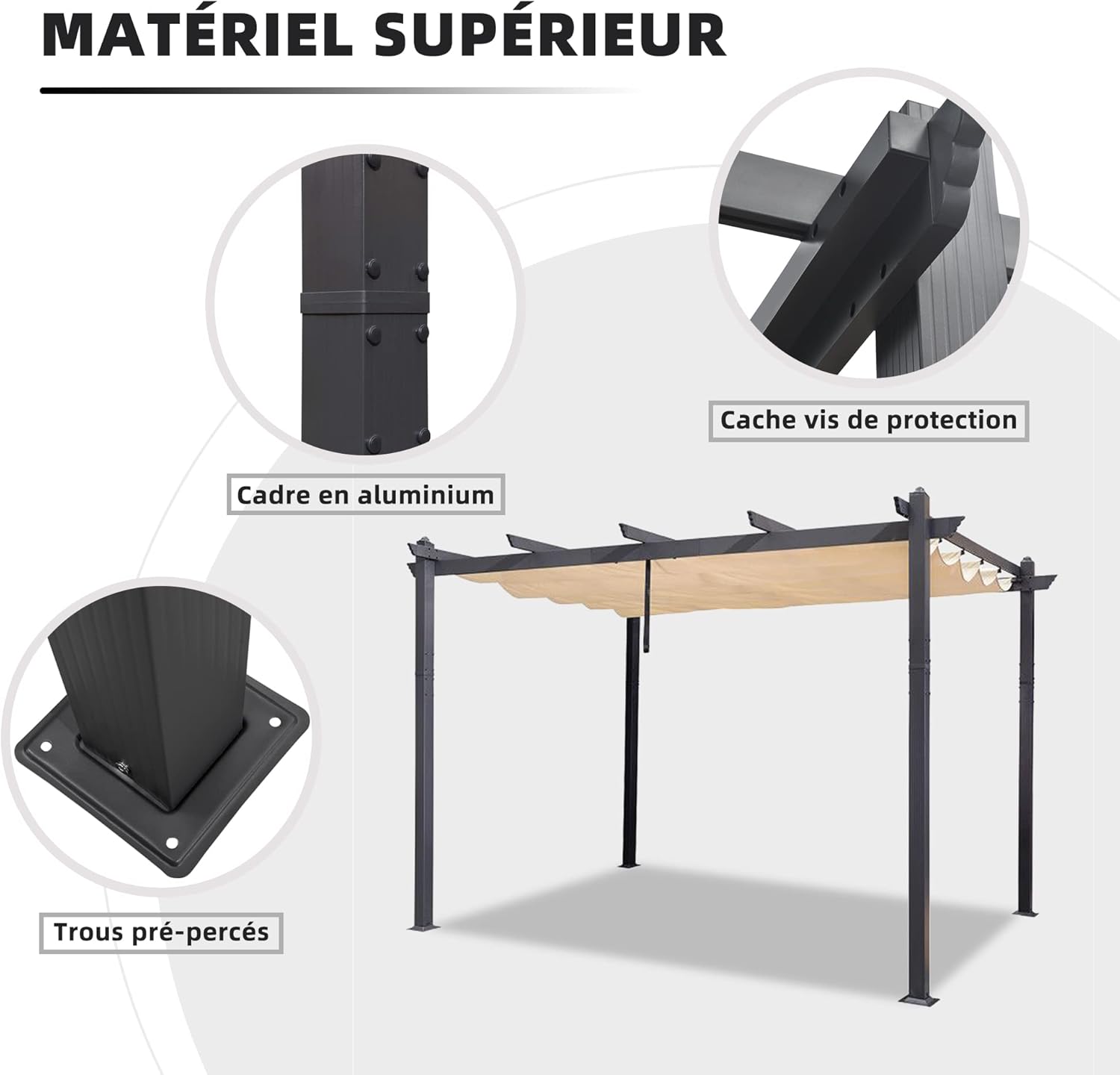 jardinite - Pergola aluminium LED, toit rétractable, 4x3m, kaki