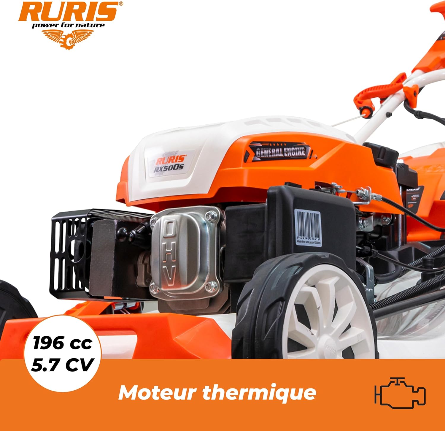 jardinite Tondeuse à Gazon Thermique 5 en 1 Mulching 5,7 CV 196cc RX500S, Orange