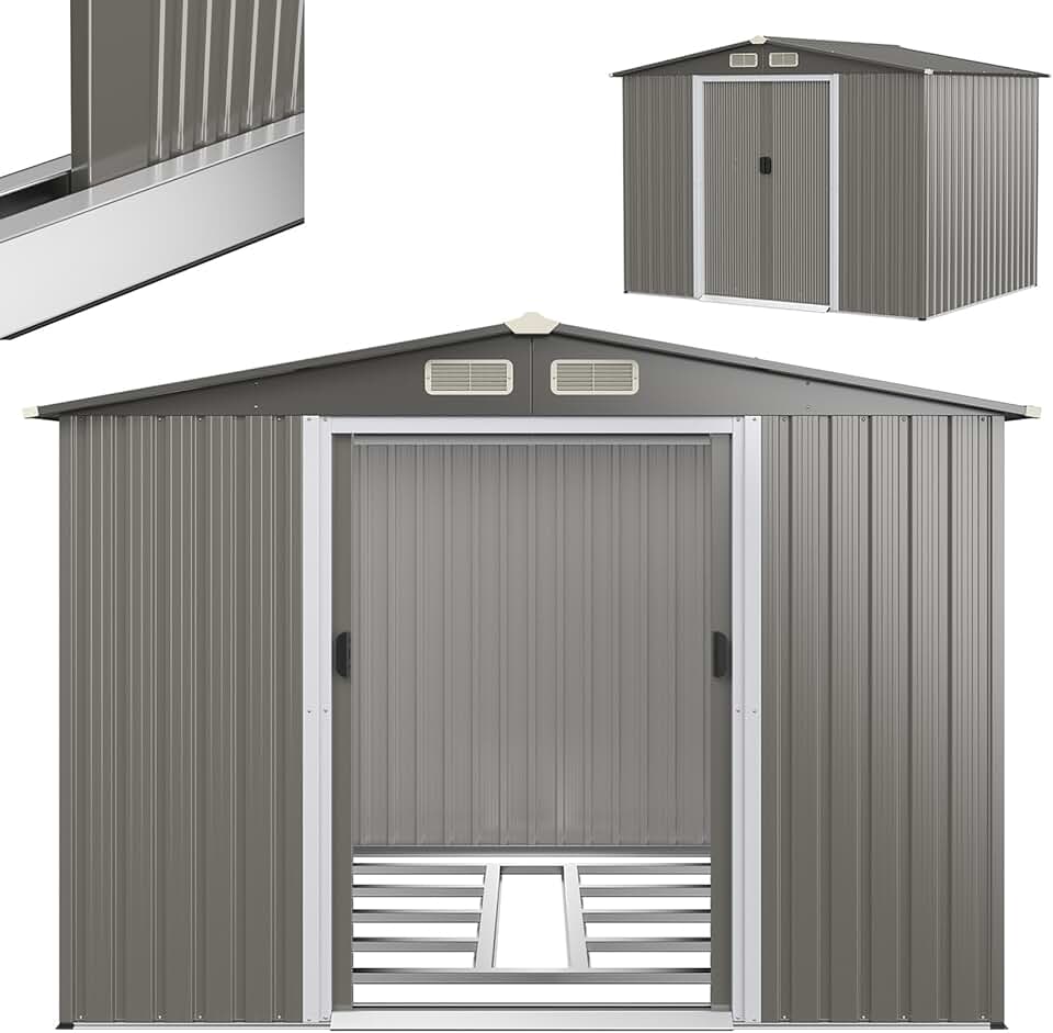 jardinite Abri de Jardin en Tôle d’Acier Galvanisée avec Fondation et Double Porte Coulissante, Cabane à Outils avec Toit en Appentis et Volets 260X206,5 X 108 CM (Toit Gris foncé)