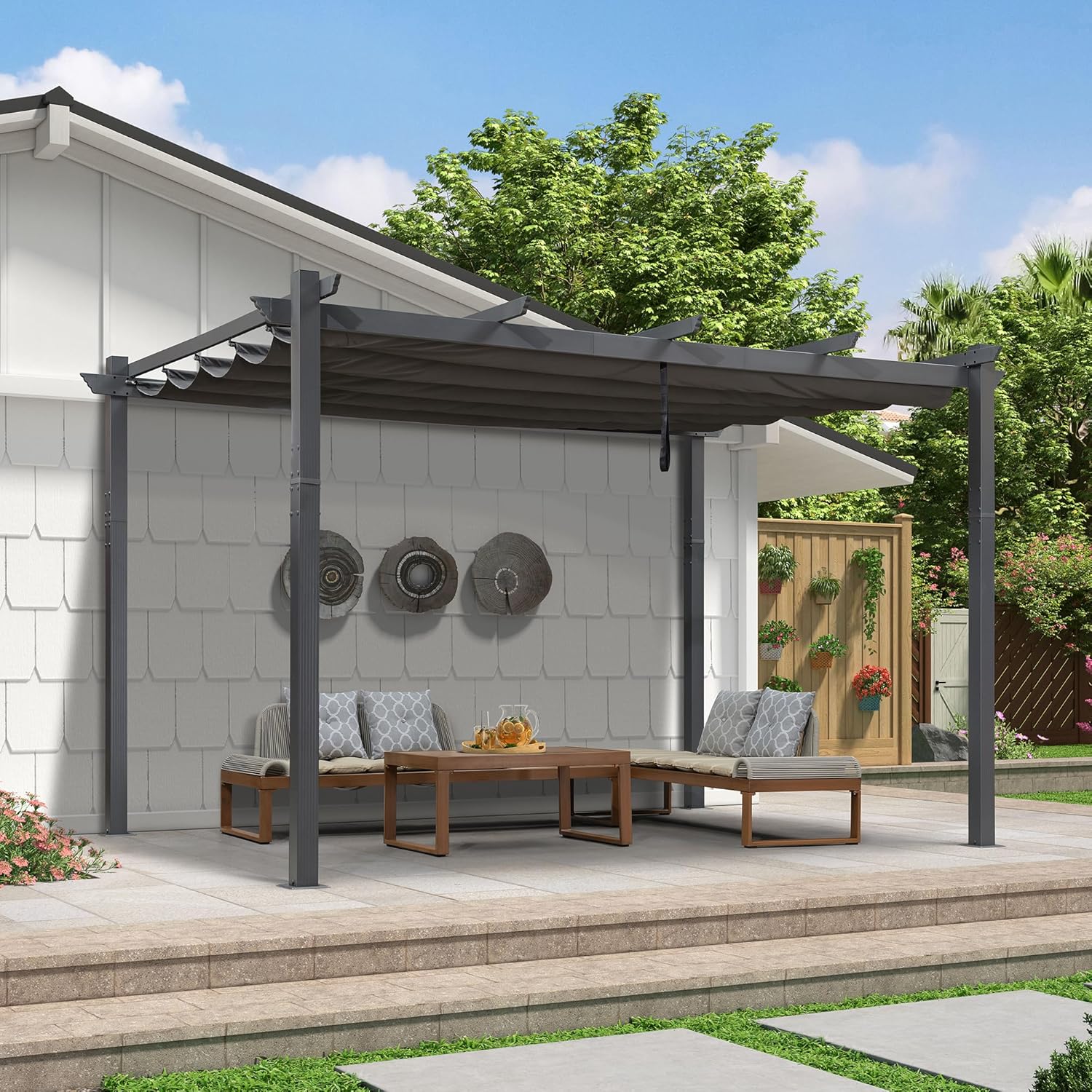 jardinite - Pergola murale série aluminium 4x2,7m toit coulissant, tissu teint, gris