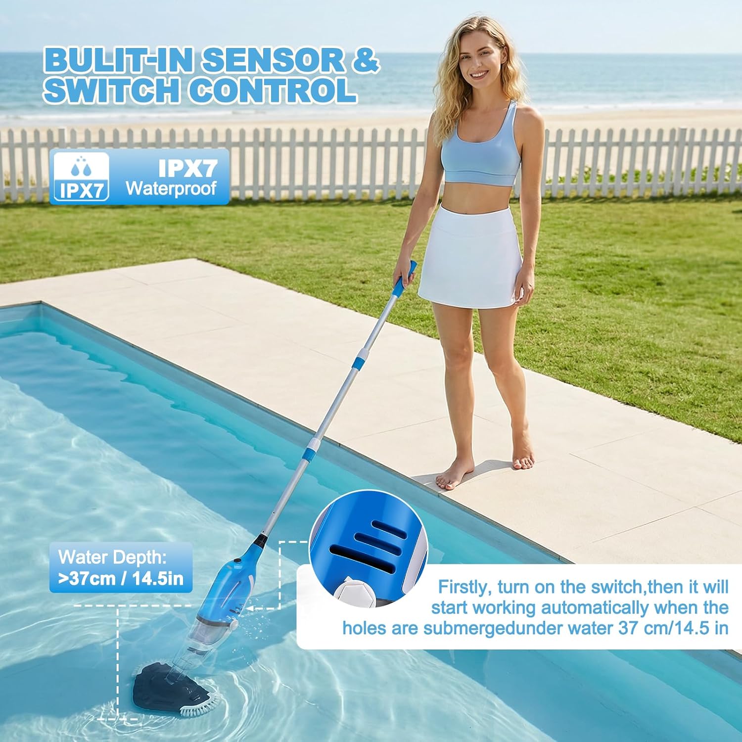 Aspirateur Piscine, Aspirateur Spa Rechargeable avec Aspiration Puissante 40 L/Min, Manche Télescopique de 131 à 199 cm, Capteur Automatique, 2 Têtes de Brosse pour Spas, Jacuzzis et Piscines
