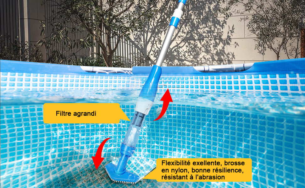 avec tube transparent et manche bleu en cours d'utilisation. Les caractéristiques comprennent un filtre agrandi et une tête de brosse en nylon flexible pour plus de résilience et de résistance à l'abrasion.
