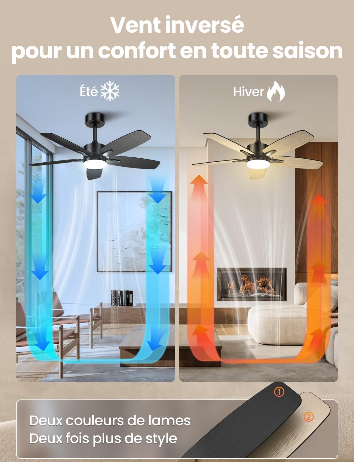 Ventilateur plafond LED 106cm, 5 pales bois/noir, télécommande, minuterie, 6 vitesses