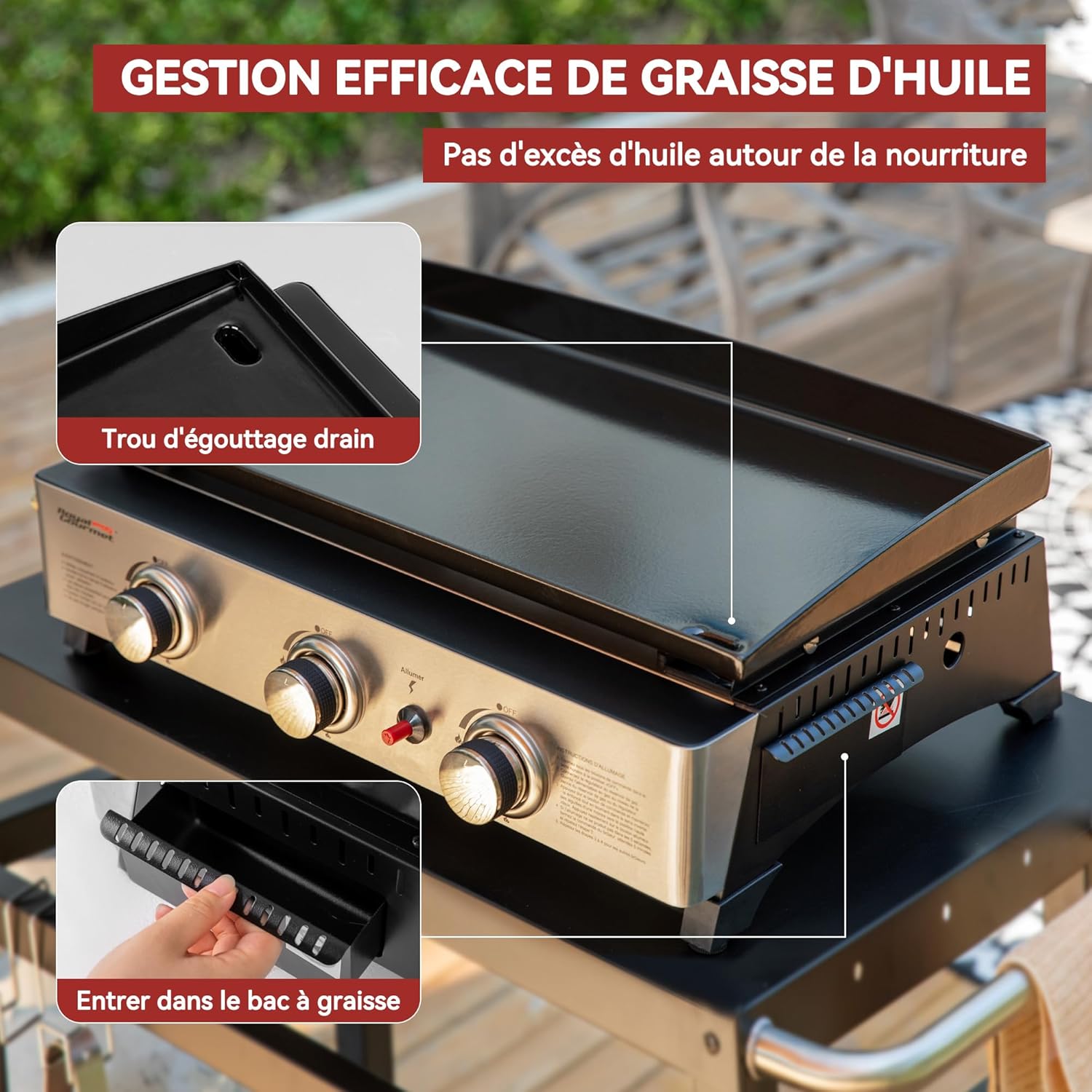 jardinite - Plancha Gaz 3 brûleurs - 62x35,5 cm - acier émaillé, portable, 7.5kW