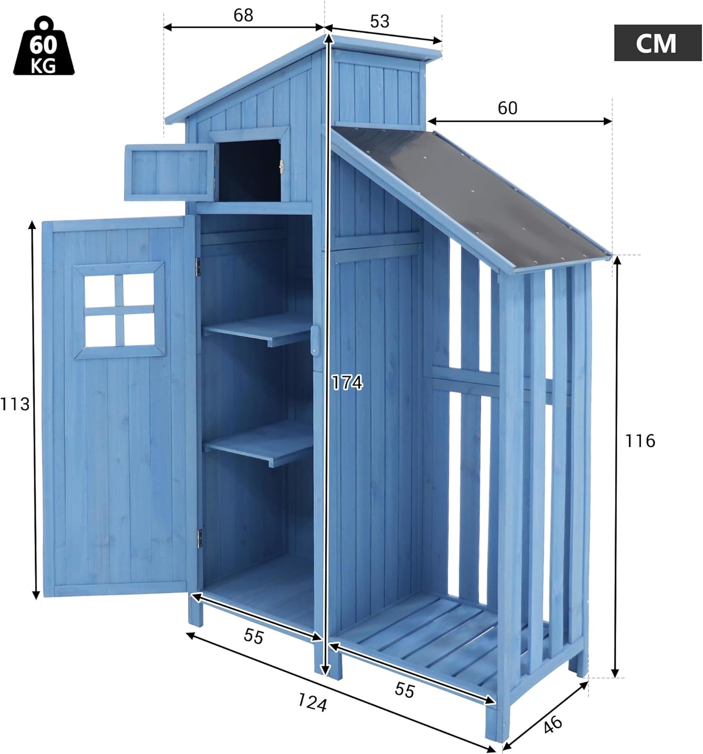 Abri de jardin bois - cabane selle PVC - 124x46x174cm - fondation, 2 étagères, armoire outils - bleu