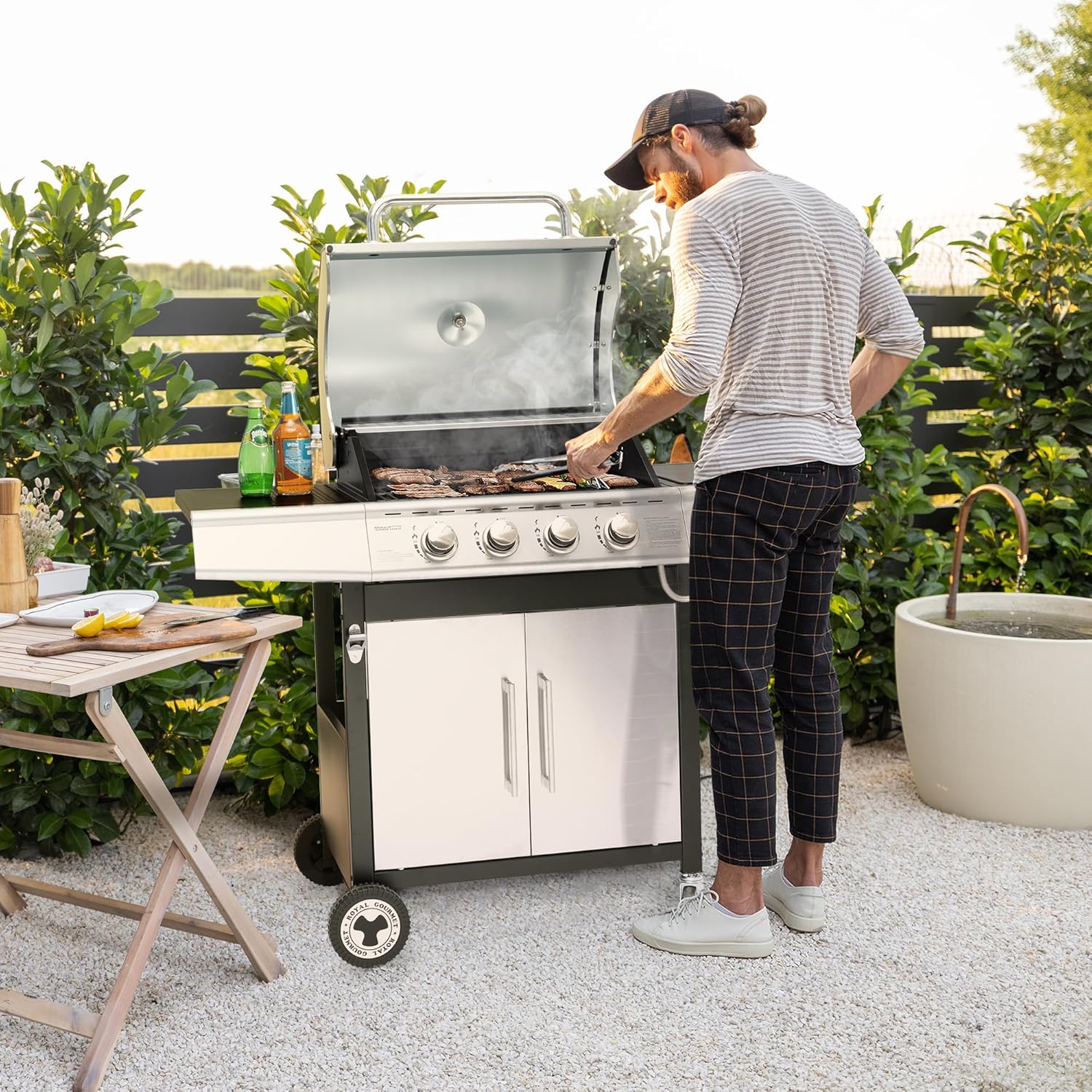 jardinite - Barbecue Gaz 4+1 brûleurs inox - 14,5kW - 2 portes, thermomètre, roues directionnelles