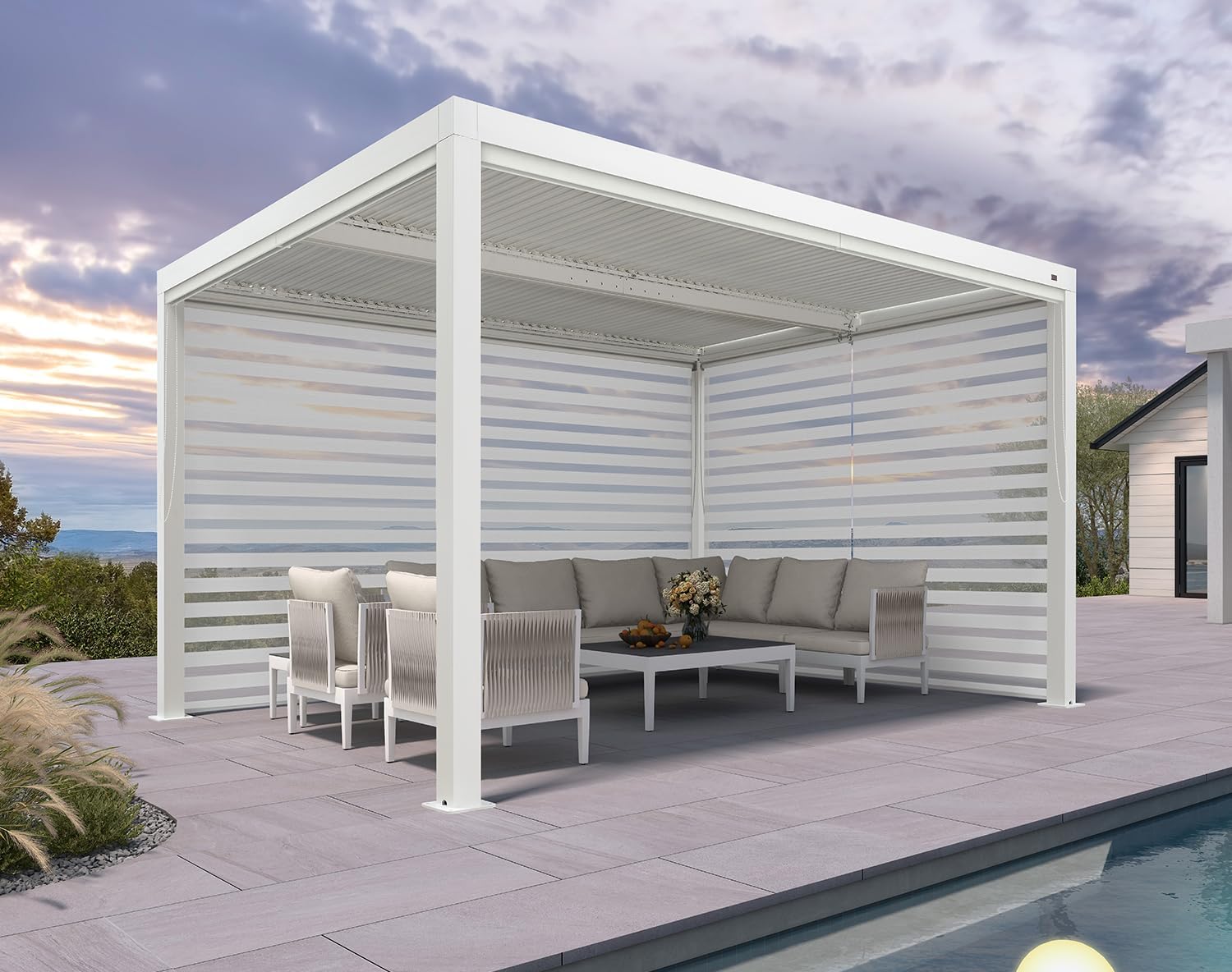 jardinite - pergola bioclimatique - 4,24x3m - aluminium, stores enrouleurs, lames orientables