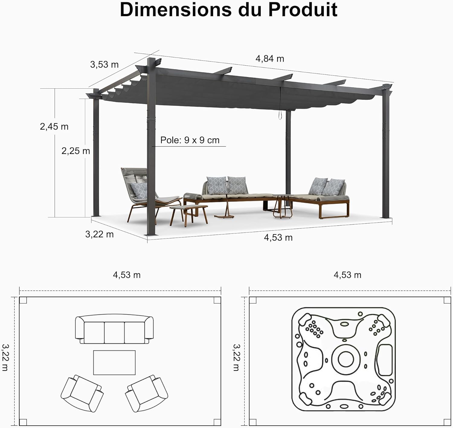 jardinite - Pergola aluminium - 4,8x3,5m - toit coulissant, tissu teint en fil, gris