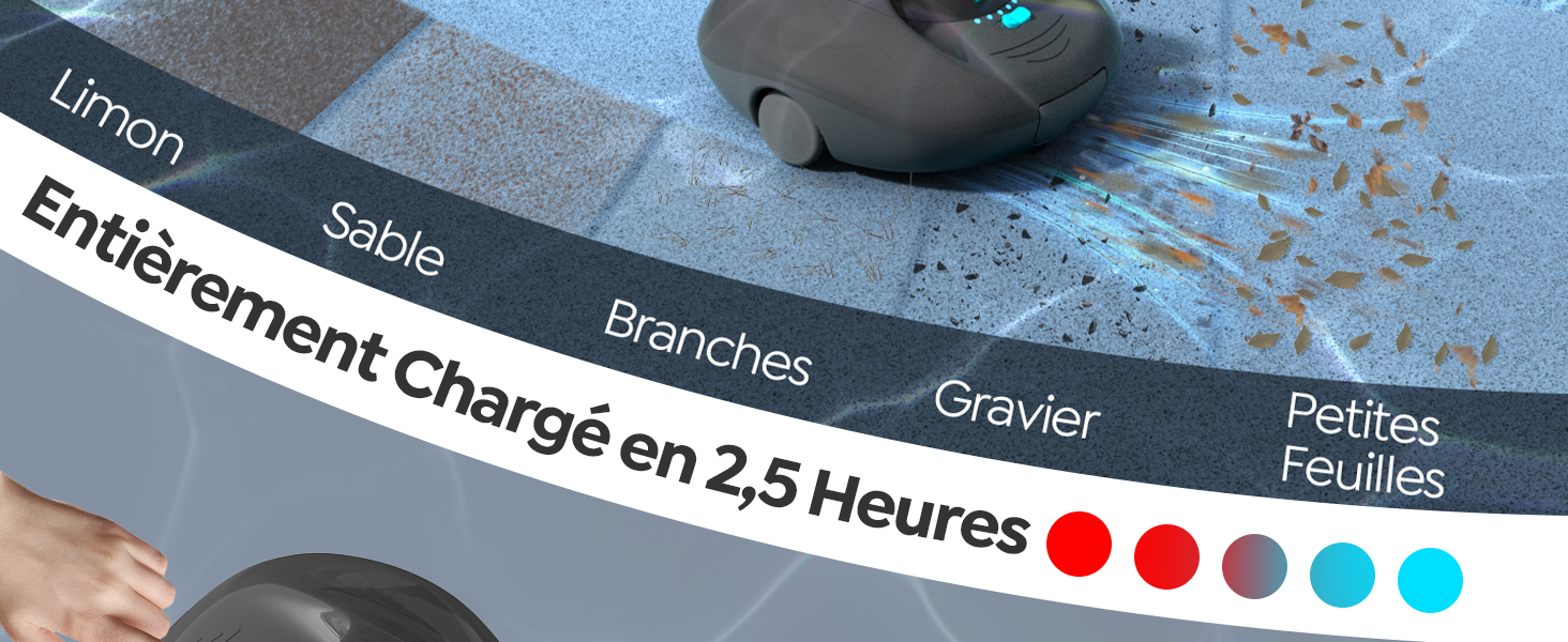 Le texte indique « Entièrement chargée en 2,5 heures » avec des points indicateurs en rouge et bleu. Affiche une vue partielle du schéma technique ou de l'interface.
