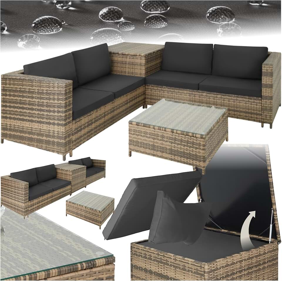 jardinite - Ensemble salon Poly Rotin 4 pers. modulable, coffre, verre