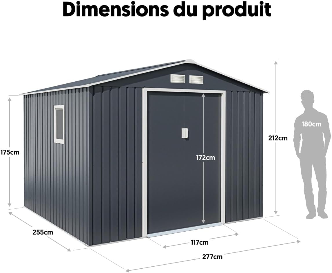 Abri de jardin métal - 7,06m² - fenêtre latérale, kit ancrage, 212cm
