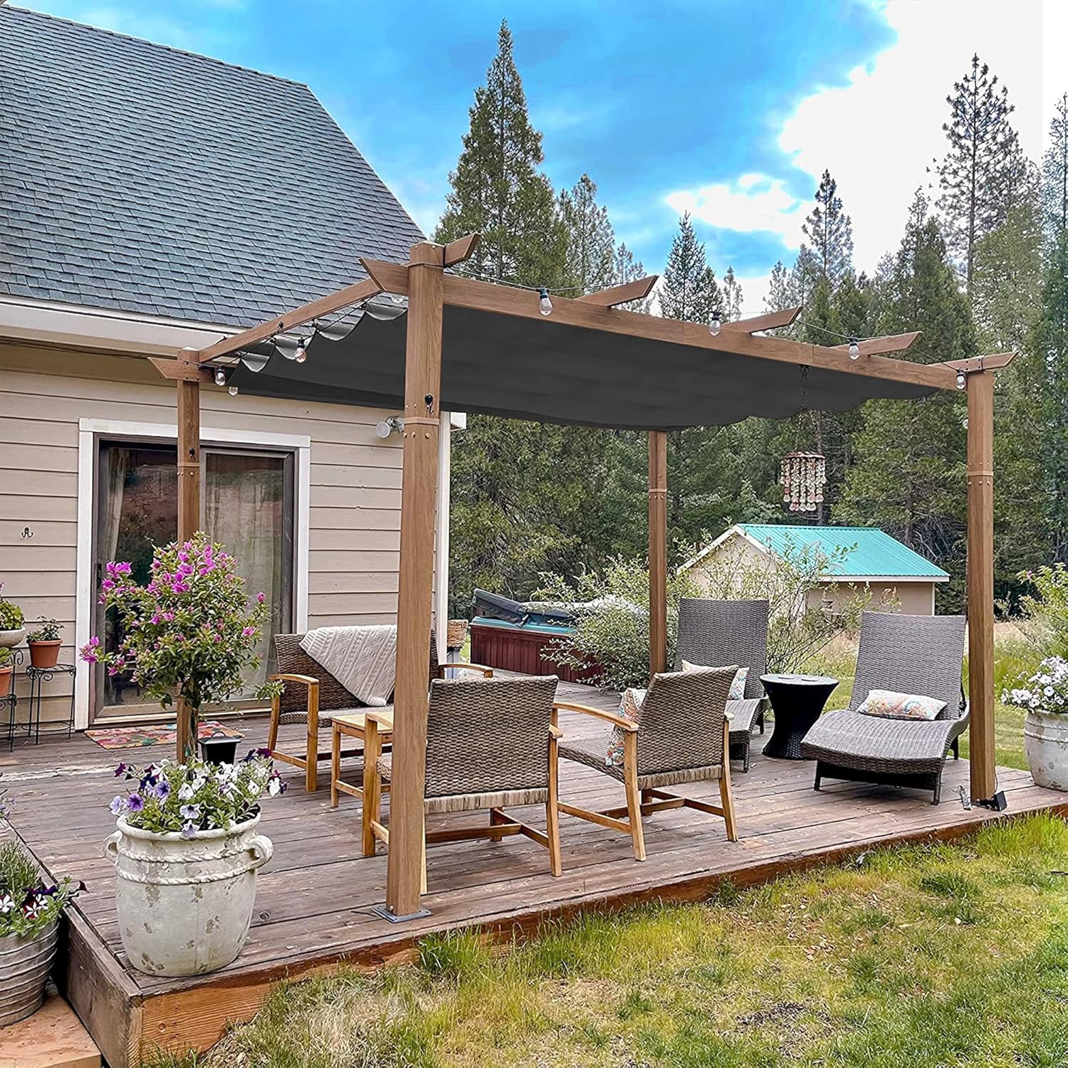 jardinite - Pergola aluminium - 4x3m - toile rétractable, teck, imperméable