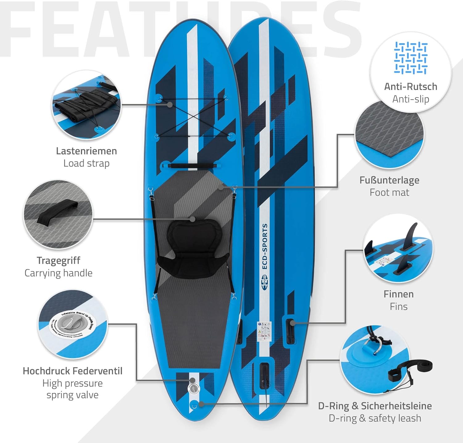 jardinite Stand Up Surf Paddle Board Gonflable 305/308/320/380 cm | PVC | jusqu'à 120/150 kg | Épaisseur 10/15 cm | Planche de Surf Pagaie Sac de Transport Pompe à Air | Diverses Couleurs Modèles