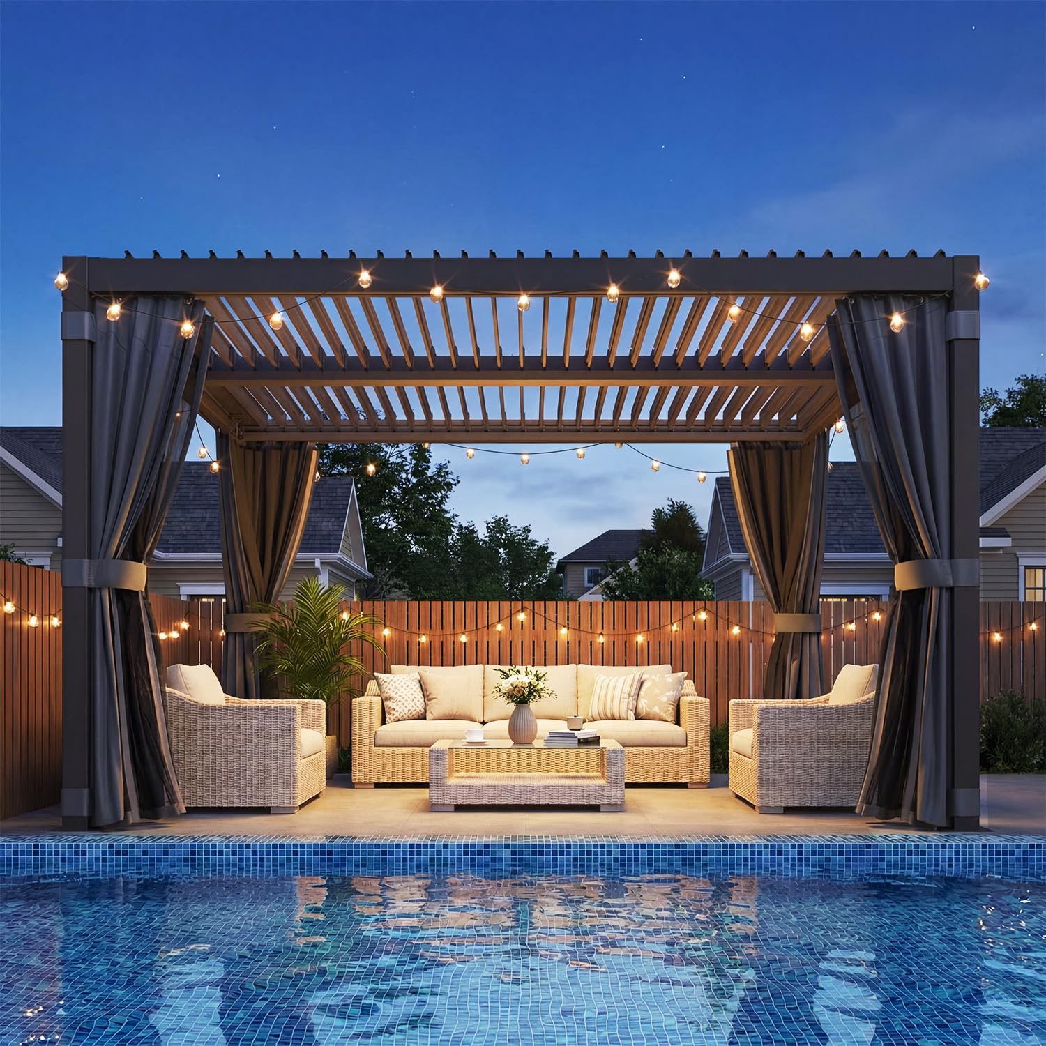 Pergola bioclimatique aluminium acier 3x3,6m toit lamelles rideaux
