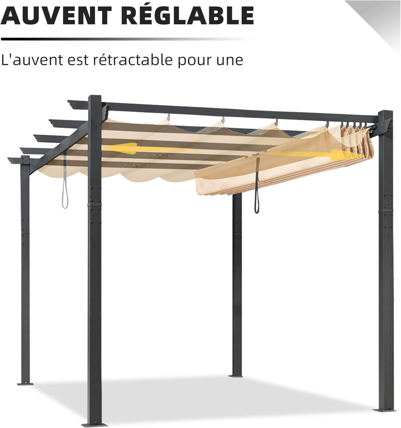 jardinite - Pergola aluminium LED, toit rétractable, 4x3m, kaki