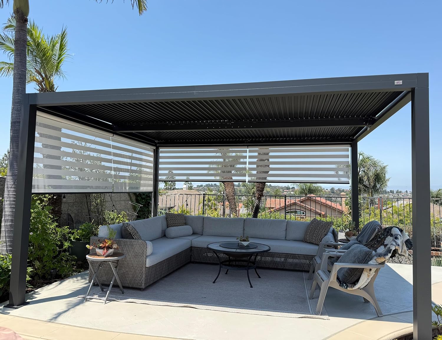jardinite - Pergola bioclimatique - 4,8x3 m - stores enrouleurs, lames orientables, gris