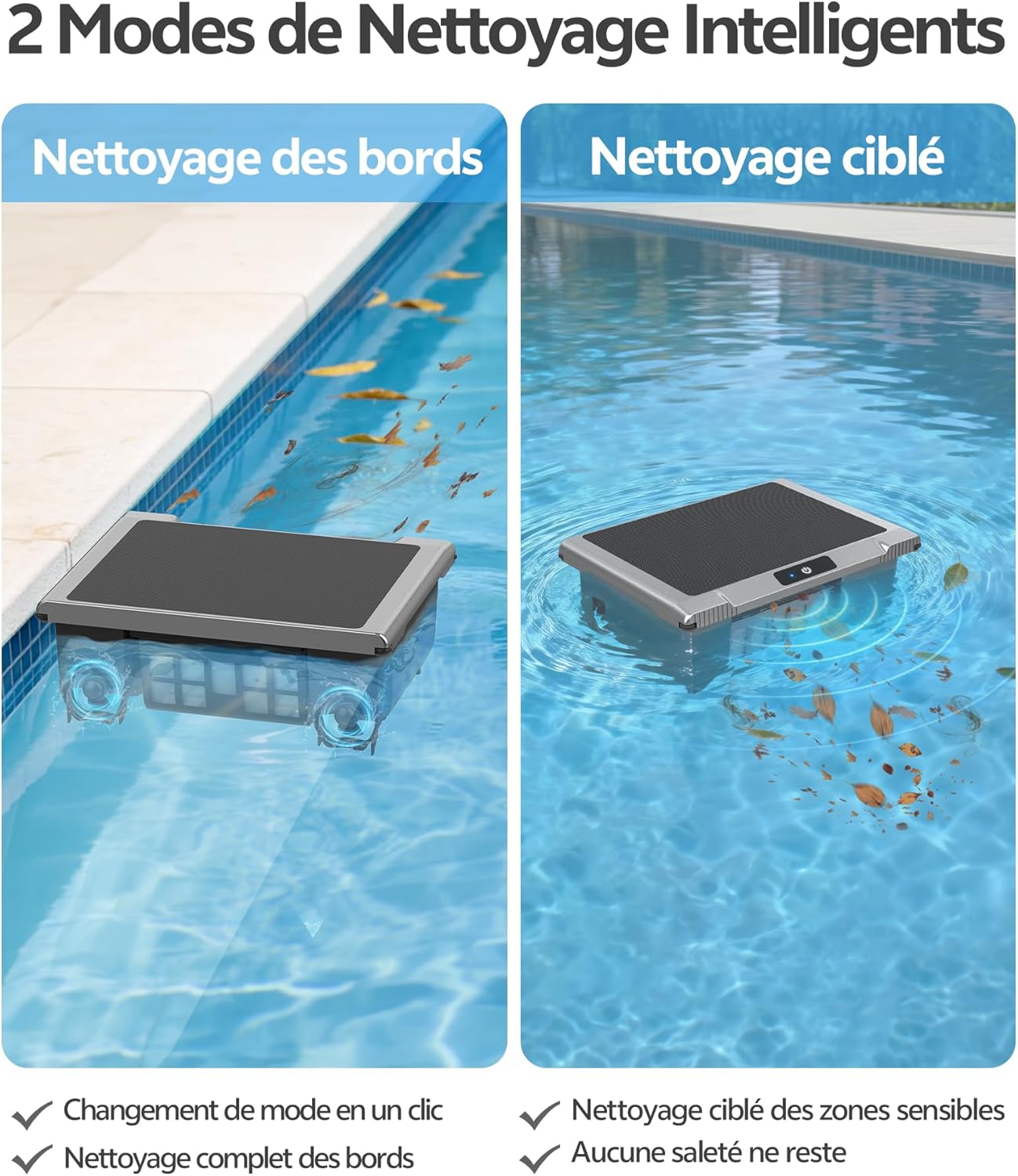 T1B Robot Nettoyeur Skimmer Solaire Robot de Surface Piscine, avec Nettoyage 24h/7, Double Modes de Recharge, Retour Automatique à la Base, adapté aux piscines Enterrées et Hors Sol (Gris)