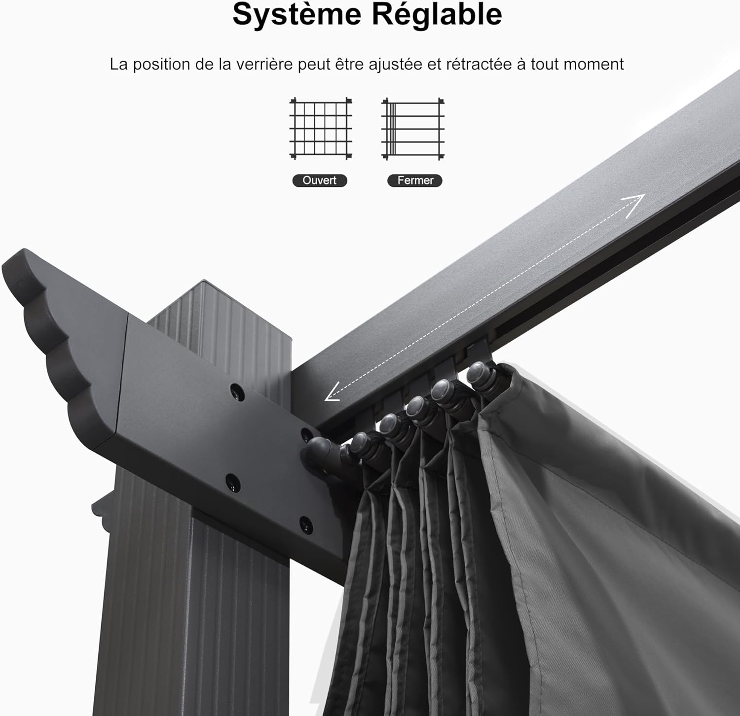 jardinite - pergola aluminium - 4,8x3,5m - LED, toit rétractable, tissu mass teinté, structure résistante