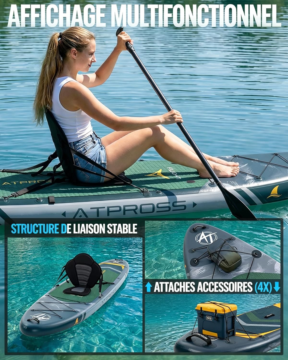 Stand Up Paddle gonflable 320x84cm, 2 places, charge 200kg, siège kayak
