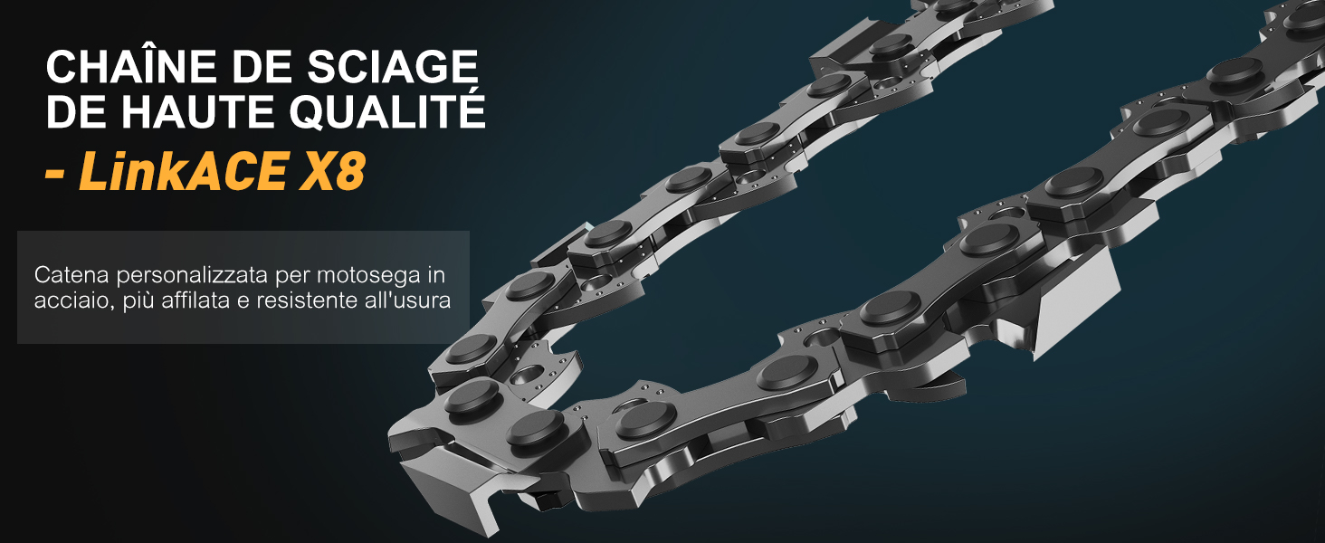 Chaîne de tronçonneuse de haute qualité étiquetée LinkAce X8. Chaîne en métal avec dents et maillons tranchants, conçue pour un usage professionnel dans la coupe du bois. Affiché sur un fond sombre.