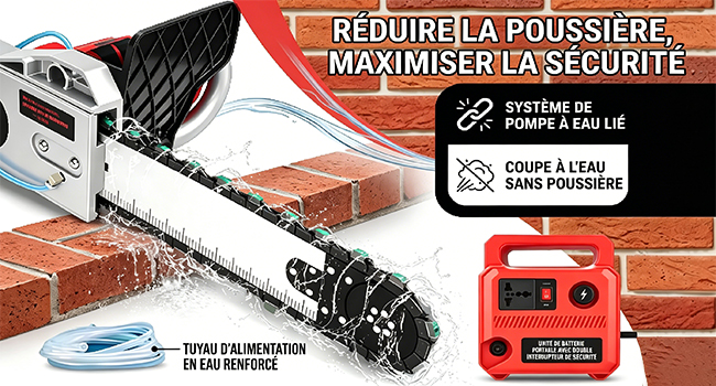 Le texte indique « GRINDER À PUISSANCE MAXIMISER LA SÉCURITÉ » avec des informations de sécurité visibles. L'outil électrique rouge et le composant du foret noir sont montrés contre la surface de la brique.