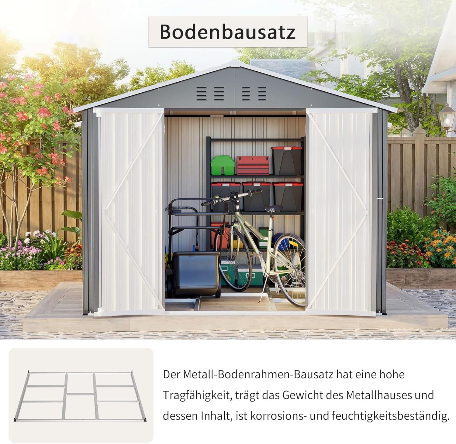 Abri de jardin métal – robuste, 2,4 x 1,8 m, porte rabattable, résistant intempéries, terrasse